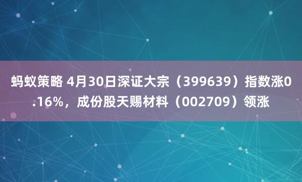 蚂蚁策略 4月30日深证大宗（399639）指数涨0.16%，成份股天赐材料（002709）领涨